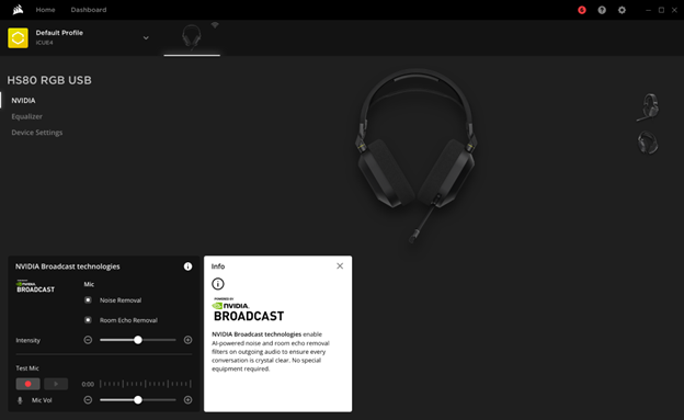 A screenshot of NVIDIA Broadcast audio features integrated into a CORSAIR iCUE software interface.