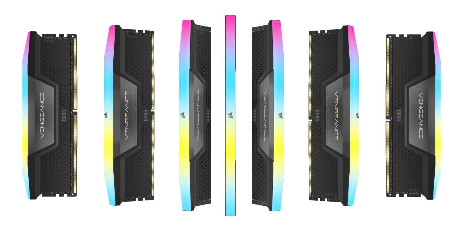 An array of CORSAIR VENGEANCE RGB DDR5 memory modules are displayed on a white background.