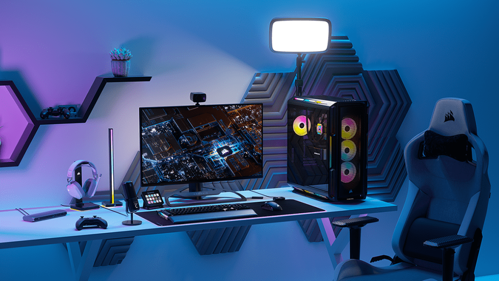 Corsair Vengeance i8100 PC on a desk with a monitor and peripherals